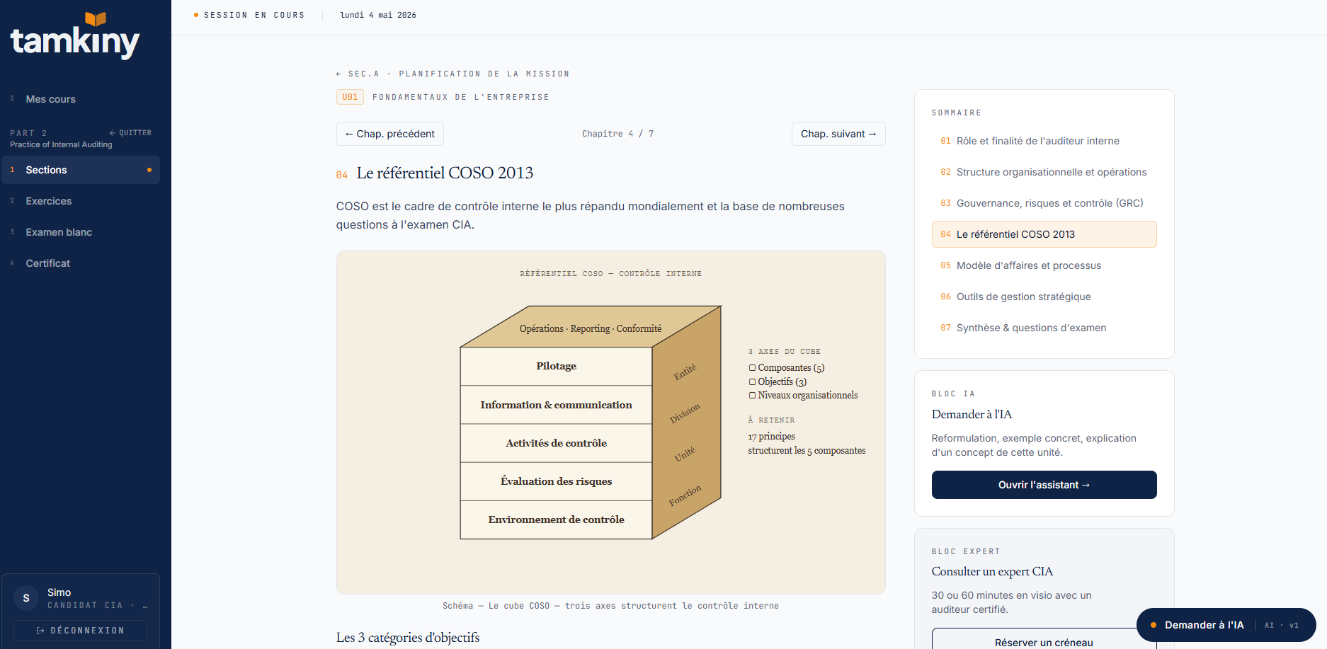 Capture d'écran — interface de cours Tamkiny