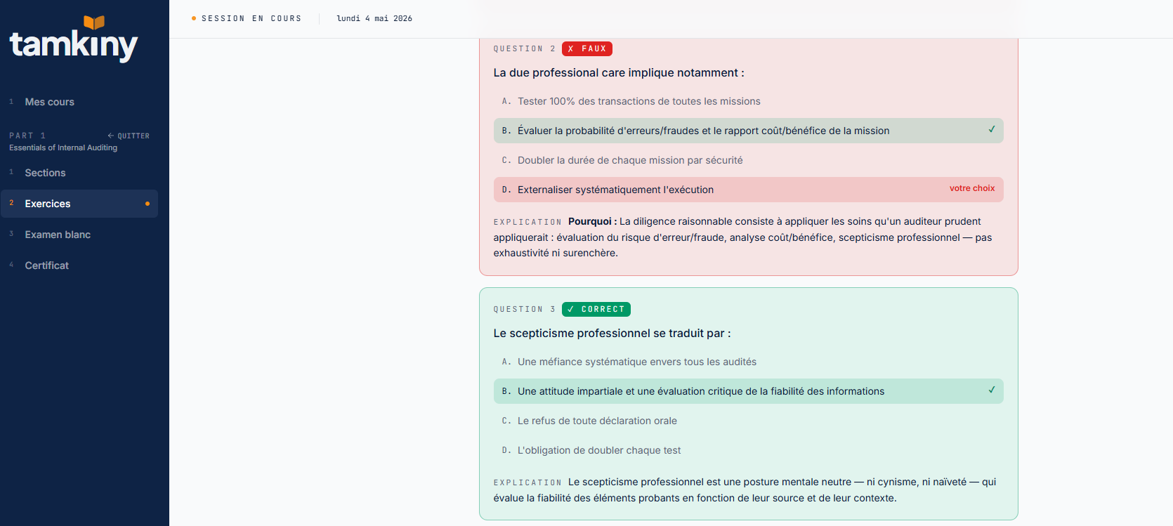 Capture d'écran — interface des QCM Tamkiny